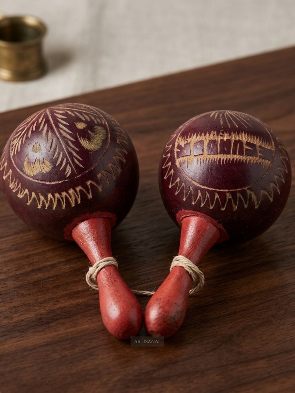 Vintage Hand-Carved Ecuadorian Gourd Maracas - Set of 2